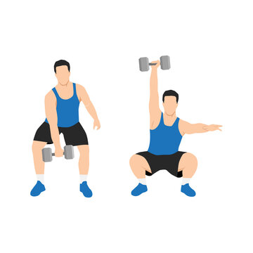 Man doing dumbbell hang snatch exercise. Flat vector illustration isolated on white background