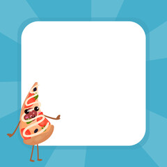 Cartoon Pizza Slice Character Near Blank Square Frame Vector Template