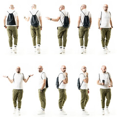 Collage of stylish hipster smart geek people walking back view of posing at camera. Full body...