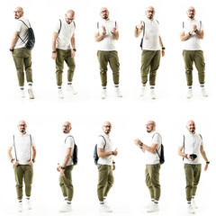 Group of happy people stylish bald geek hipster males applauding and supporting gestures. Full body...