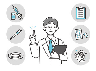 医者と新型コロナウイルス対策とワクチンに関するベクターイラスト素材／アイコン／マスク／ワクチン