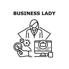 Business Lady Vector Icon Concept. Business Lady Earning Money And Working Online, Searching Job In Internet Or Search Idea For Startup. Businesswoman Occupation Black Illustration