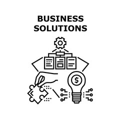 Business Solutions And Idea Vector Icon Concept. Business Solutions And Idea For Startup Company, Developing Working Process And Management Employees And Work. Earning Money Black Illustration
