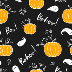 Cute hand drawn pumpkins seamless pattern, lovely doodle background, great for Halloween textiles, banners, wallpapers, wrapping - vector design