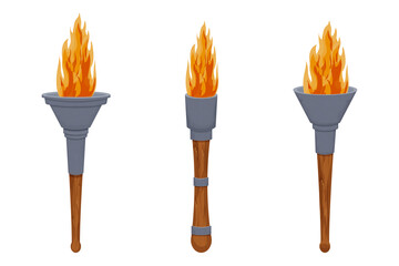 Set medieval torch with flame in cartoon style isolated on white background. Antique lamp, winer symbol. ui game asset. - obrazy, fototapety, plakaty