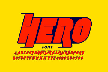 Comic book style superhero display font design, alphabet letters and numbers, vector illustration