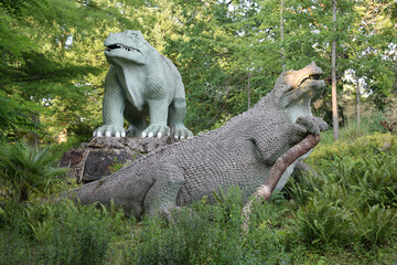 Dinosaur statues at Crystal Palace Park London the iguanodon. 