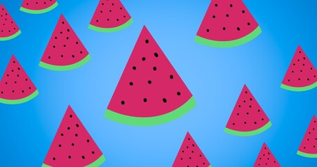 Composition of rows of watermelon slices on blue background