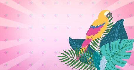 Composition of parrot over tropical leaves with copy space on patterned pink background