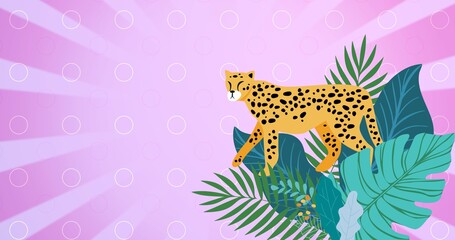 Composition of cheetah over tropical leaves with copy space on patterned purple background