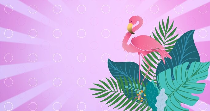 Composition of flamingo over tropical leaves with copy space on patterned purple background