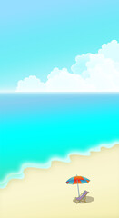Fototapeta na wymiar Beach, blue sky with clouds and parasol summer vacation, sand and waves. Vector illustration