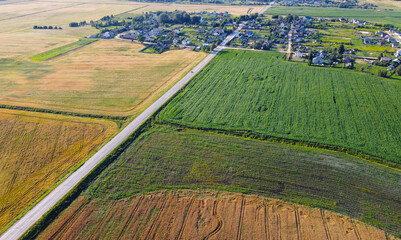 Aerial view of rural summer fields and meadows