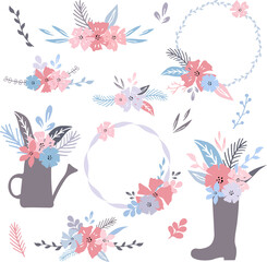 Set of hand drawn elements with leaves, flowers, bouquets, wreaths for postcards, invitations, greeting cards, logo, quotes, DIY projects, etc. 