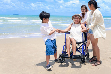 Happy disabled senior elderly woman in wheelchair spending time together with her family on...