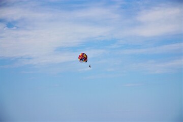 flying on a bright multicolored balloon among the clouds sports recreation entertainment tourism