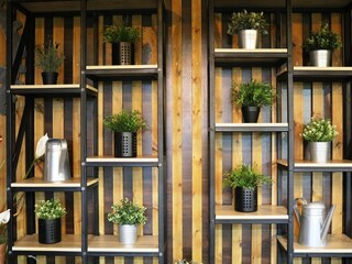 Fototapeta na wymiar interior shelves made of wood and metal with small plants and watering cans to create a cozy atmosphere in a room in an eco or rustic style, decorating a cozy space with the geometry of furniture