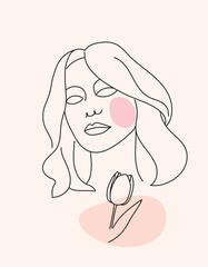 Background with an abstract face of a woman with a flower, black outline. Vector illustration for a poster, booklet, flyer, cover or wall decor.