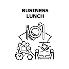 Business Lunch Vector Icon Concept. Entrepreneur Meeting At Business Lunch For Discussing About Agreement And Partnership, Eating Delicious Meal And Enjoying Drink. Working Process Black Illustration