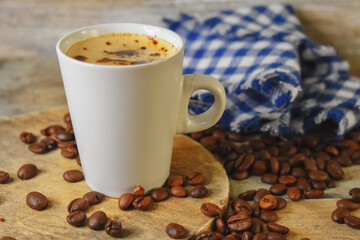 Coffee beans on wooden Close Up 