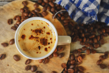 Coffee beans on wooden Close Up 