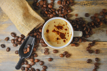 Coffee beans on wooden Close Up 