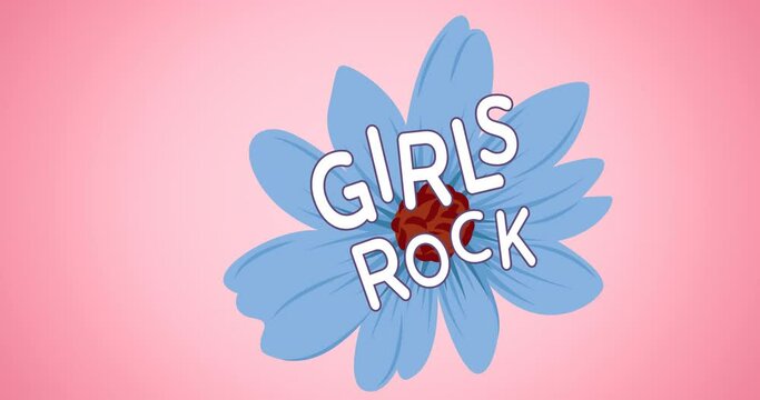 Composition of text girls rock, over blue flower