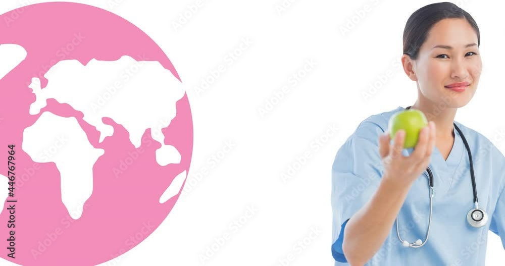 Sticker Animation of pink ribbon logo and breast cancer text over group of diverse group of women