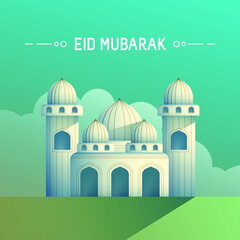 Greeting eid mubarak. Ramadan concept with mosque in the morning for web landing page template, banner, flyer and presentation. islamic eid fitr or adha long shadow design