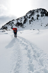 Fototapeta na wymiar hiker walking up the snowy mountain