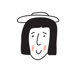 Cute girl smiling face. Woman face icon with long black hair and hat. Girl with hairstyle. Vector illustration with doodle style
