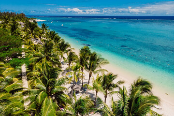 Tropical idyllic beach in Mauritius. Sandy beach with palms and turquoise ocean. Aerial view