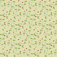 Pattern with camomiles and poppies. In the style of the 60s. Gift paper . Linens. Factory textiles. Vector . Seamless pattern with flowers .