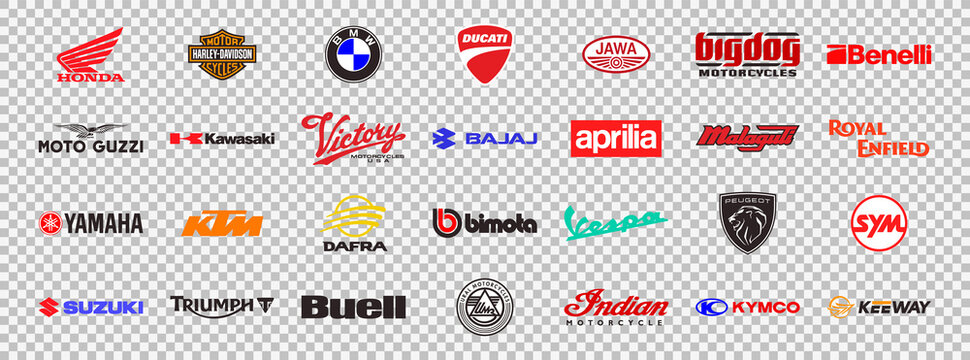 Motorcycles brands logos collection, vector flat color icons set. Honda, Harley Davidson, BMW, Ducati, Kawasaki, Yamaha, KTM, Triumph, Suzuki, Bimota and more. Vector illustration