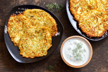 Zucchini pancakes with yoghurt-herb dip
