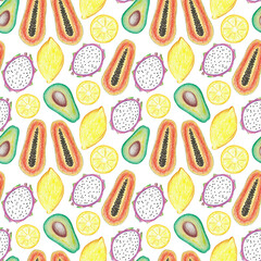 Exotic fruits seamless pattern, hand drawn