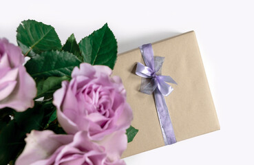 flower rose pink violet purple gift box ribbon white background