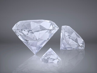 Shiny brilliant diamond placed on gray background. 3d render