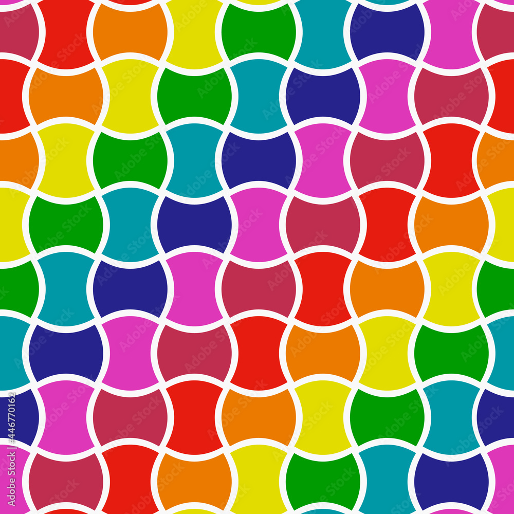 Poster rainbow ornament seamless pattern. vector wavy decor multicolor diagonal mosaic blocks.