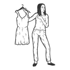 Girl holds dress on tremple. Waiting in line at fitting room. Sketch scratch board imitation coloring.