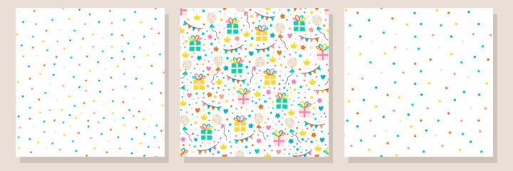 Baby birthday seamless pattern set. Backgrounds with presents, garlands, stars and hearts in nordic style and bright colors