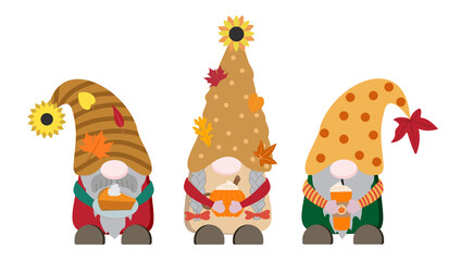 Fototapeta premium Cartoon flat autumn vector gnomes with orange pumpkin mug, spice latte cup, slice of pie on plate. Isolated on white background. Great for print, card. Fun autumn art.