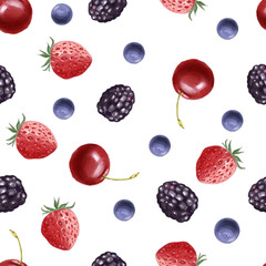 Berries seamless pattern isolated on white. Cherry, blackberry, blueberry, strawberry. Design for card, wallpaper, textile, fabric