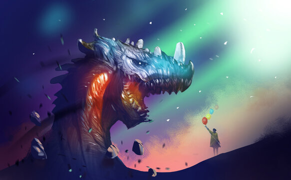 Digital illustration painting design style girl with colorful balloons is standing and give it to huge dragon, against fantasy land.