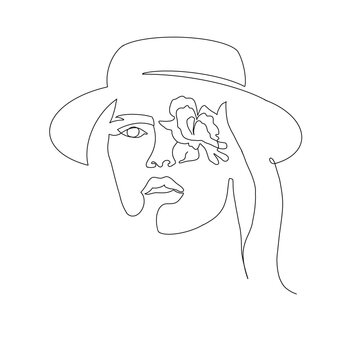 recommend clip art: One line illustration woman in hat and with flower isolated on white. Design for card, print tshirt, poster