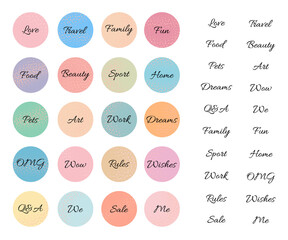 Highlights for social media.Trendy textured round icons with captions,covers fo networks stories.Text can be replaced. Hand drawn templates, banners. Use for posts and blogging. Isolated.Vector