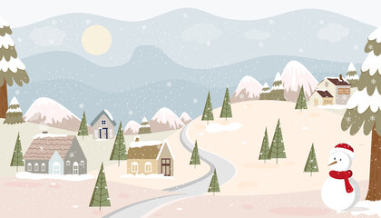 Fototapeta na wymiar Cute Christmas greeting card of winter wonderland landscape in village,Vector illustration background Panorama small town in countryside landscape in village farm house pine tree and snow man.