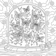 Decorative butterflies with botany under the souvenir glass vector. Coloring book page for adult with doodle and zentangle elements.