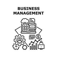 Business Management Planning Vector Icon Concept. Business Management And Monitoring Working Process. Cloud Digital Technology For Storaging Company Information And Documentation Black Illustration