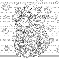 Funny cat in sailor uniform on marine background with bubbles. Hand drawn vector coloring book page for adult with doodle elements.